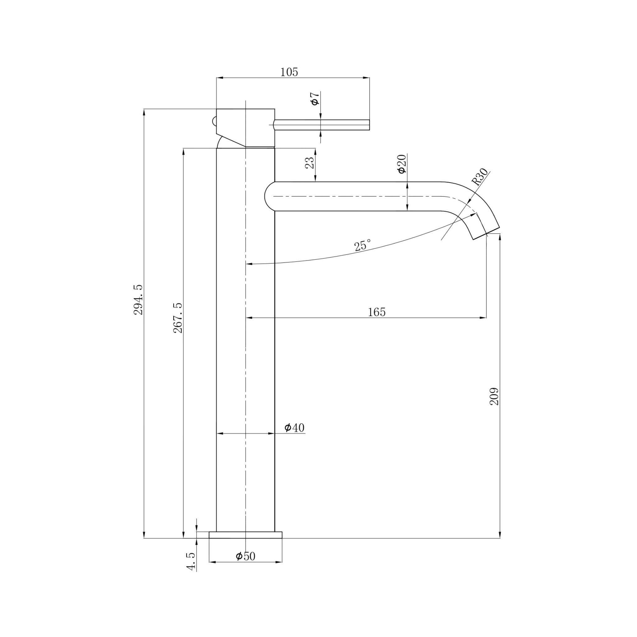 IKON OTUS SLIMLINE CURVED SPOUT HIGH RISE BASIN MIXER 294MM STAINLESS STEEL
