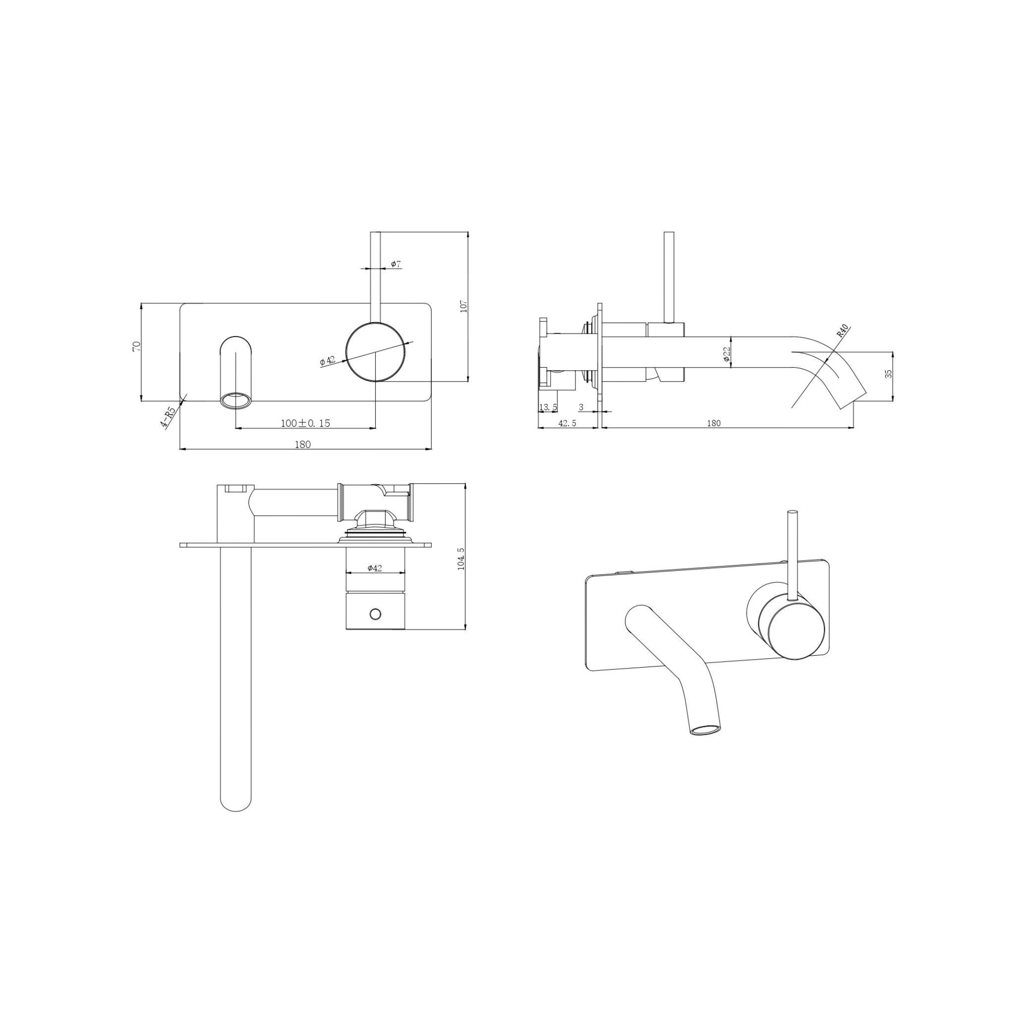 IKON OTUS SLIMLINE LEVER UP WALL BASIN MIXER TRIM KIT WITH BODY 180MM GUN METAL