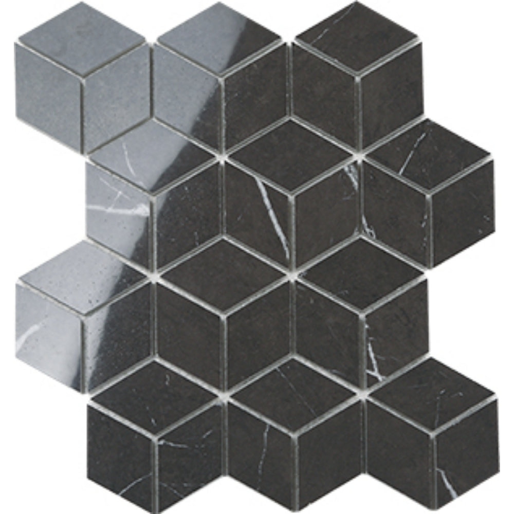 EVERSTONE EUROMARMO PIETRA GREY POLISHED 260X300MM DIAMOND CUBE MOSAIC TILE (PER BOX)