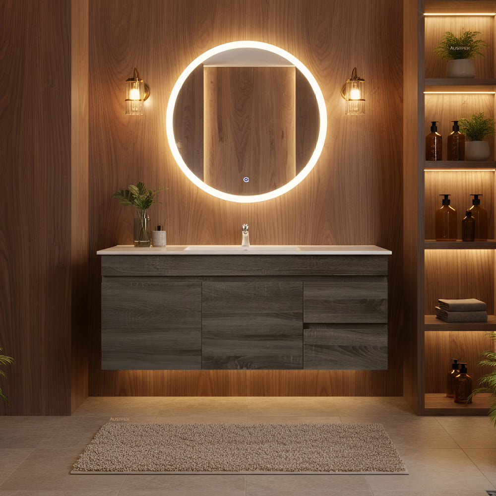 POSEIDON BERGE DARK GREY WOOD GRAIN 1200MM WALL HUNG VANITY (AVAILABLE IN LEFT HAND DRAWER AND RIGHT HAND DRAWER)