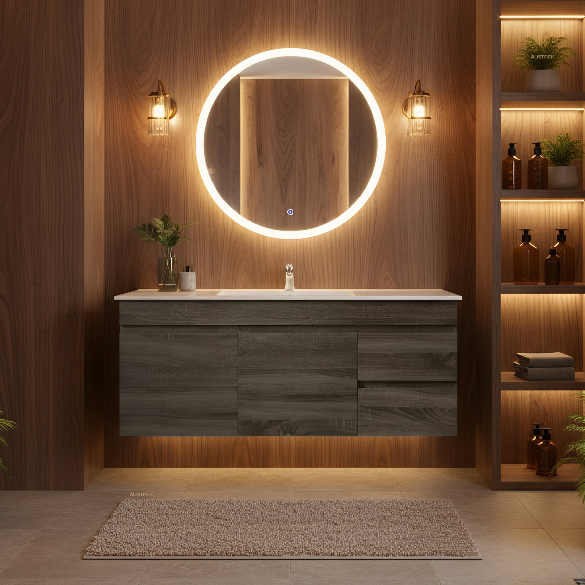 POSEIDON BERGE DARK GREY WOOD GRAIN 1200MM WALL HUNG VANITY (AVAILABLE IN LEFT HAND DRAWER AND RIGHT HAND DRAWER)