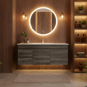 POSEIDON BERGE DARK GREY WOOD GRAIN 1200MM WALL HUNG VANITY (AVAILABLE IN LEFT HAND DRAWER AND RIGHT HAND DRAWER)
