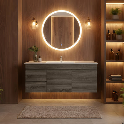 POSEIDON BERGE DARK GREY WOOD GRAIN 1200MM WALL HUNG VANITY (AVAILABLE IN LEFT HAND DRAWER AND RIGHT HAND DRAWER)
