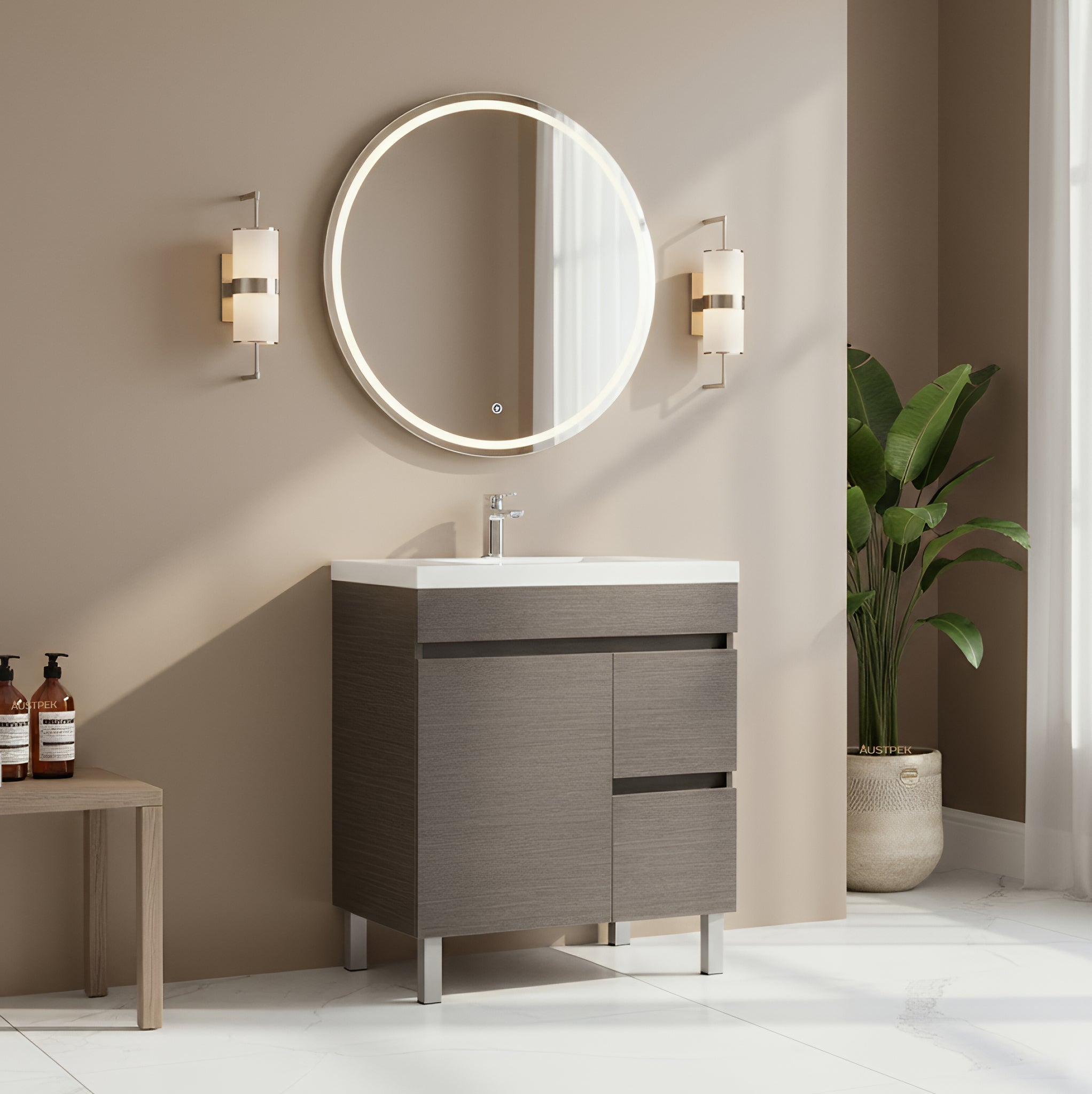 POSEIDON EVIE DARK BROWN 750MM SINGLE BOWL FLOOR STANDING VANITY (AVAILABLE IN LEFT AND RIGHT HAND DRAWER)