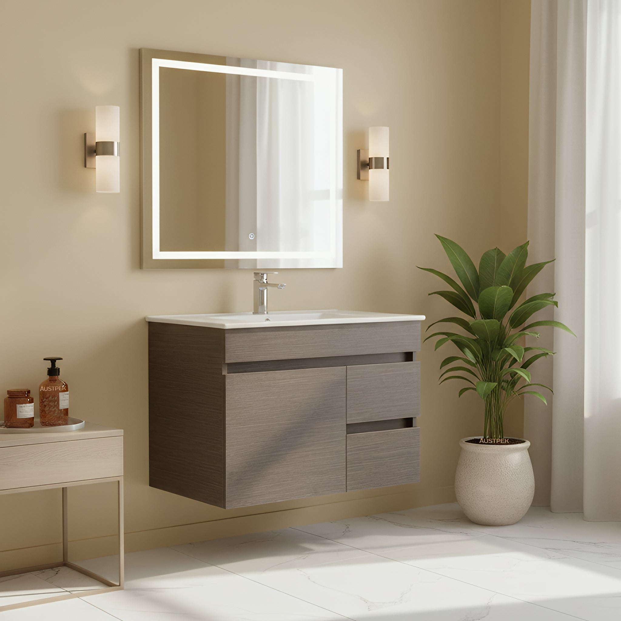 POSEIDON EVIE DARK BROWN 750MM SINGLE BOWL WALL HUNG VANITY (AVAILABLE IN LEFT HAND DRAWER AND RIGHT HAND DRAWER)