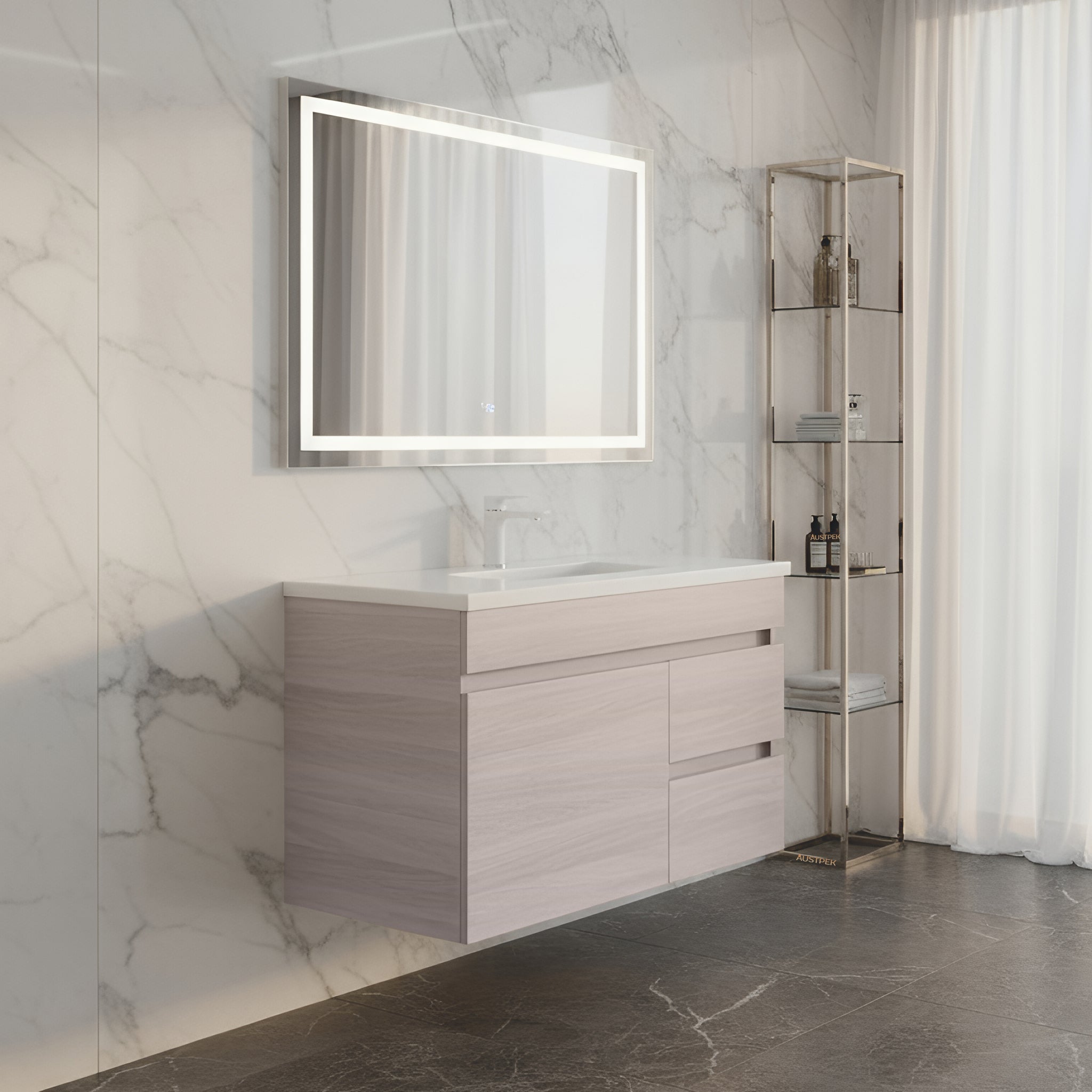 POSEIDON EVIE OAK 750MM SINGLE BOWL WALL HUNG VANITY (AVAILABLE IN LEFT AND RIGHT HAND DRAWER)