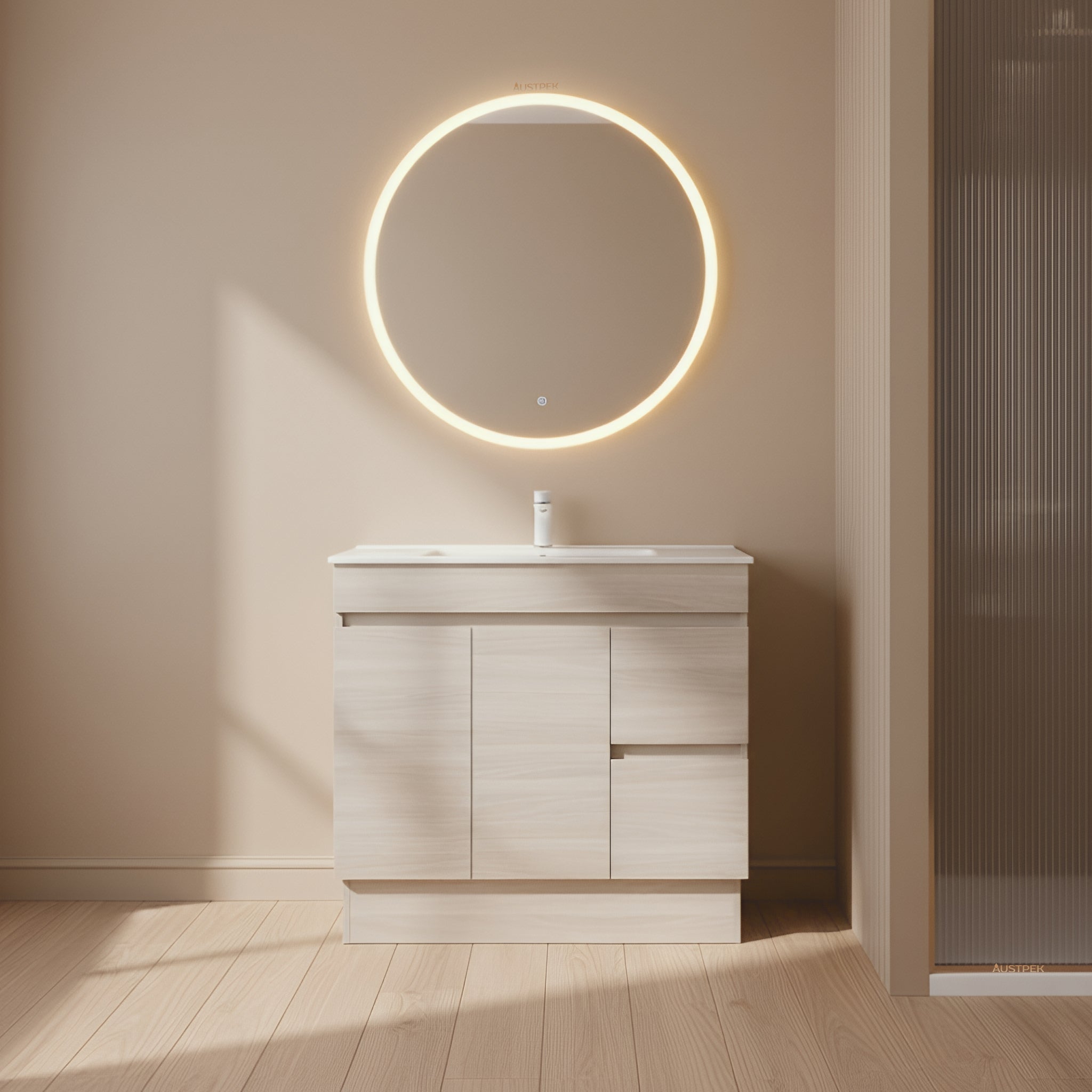 POSEIDON EVIE OAK 900MM SINGLE BOWL FLOOR STANDING VANITY (AVAILABLE IN LEFT HAND DRAWER AND RIGHT HAND DRAWER)