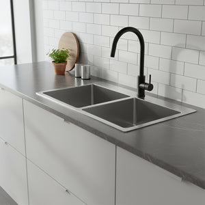 POSEIDON HANDMADE DOUBLE BOWL TOPMOUNT KITCHEN SINK WITH TAPHOLE STAINLESS STEEL 775MM