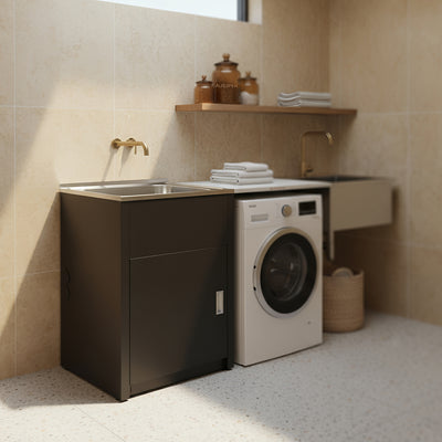 POSEIDON LAUNDRY CABINET AND STAINLESS STEEL TUB 600MM MATTE BLACK