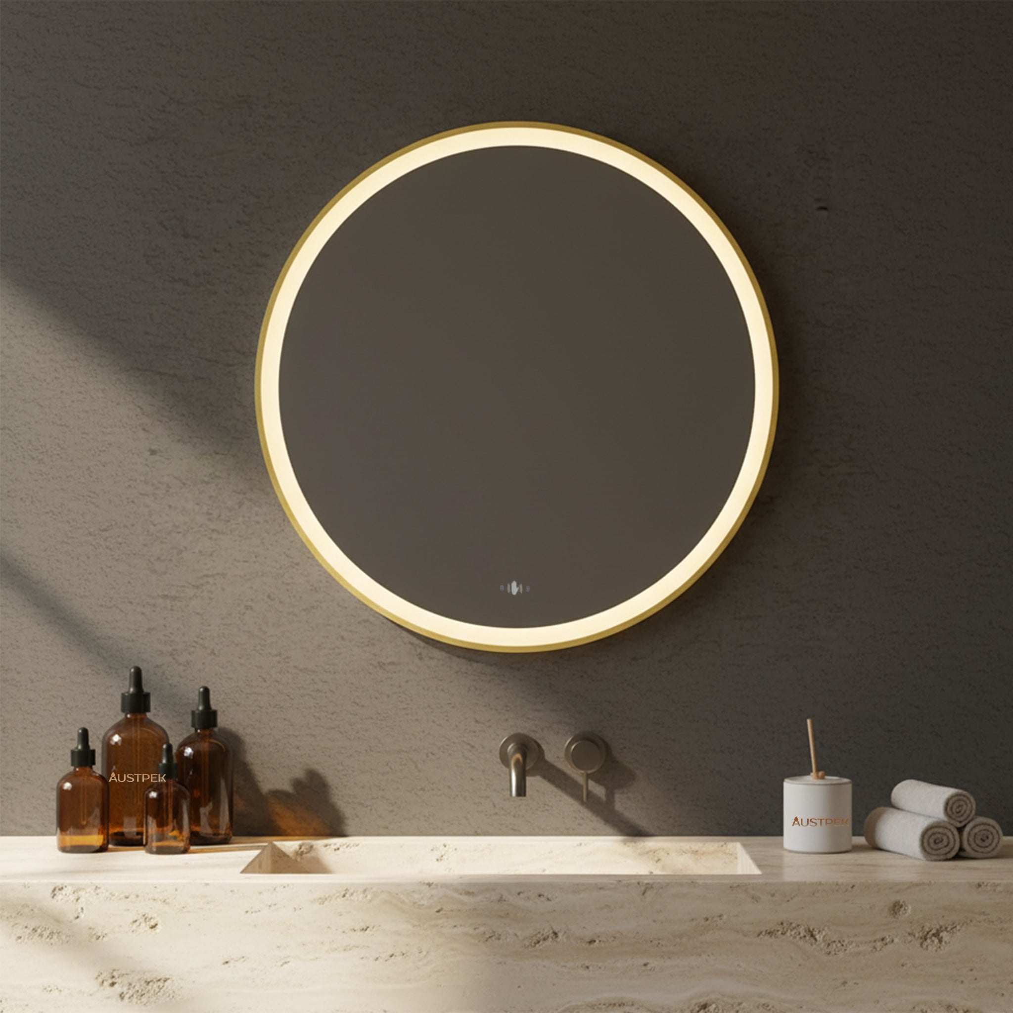 POSEIDON LUNA ROUND IRON FRAMED FRONTLIT LED MIRROR BRUSHED GOLD 600X600MM