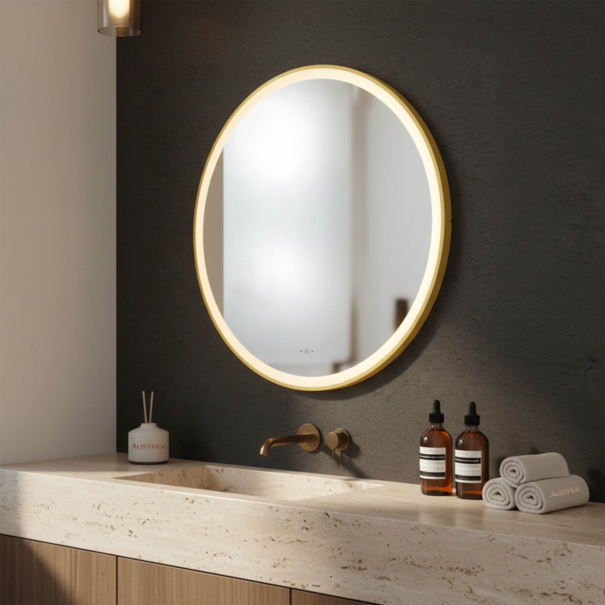 POSEIDON LUNA ROUND IRON FRAMED FRONTLIT LED MIRROR BRUSHED GOLD 800X800MM