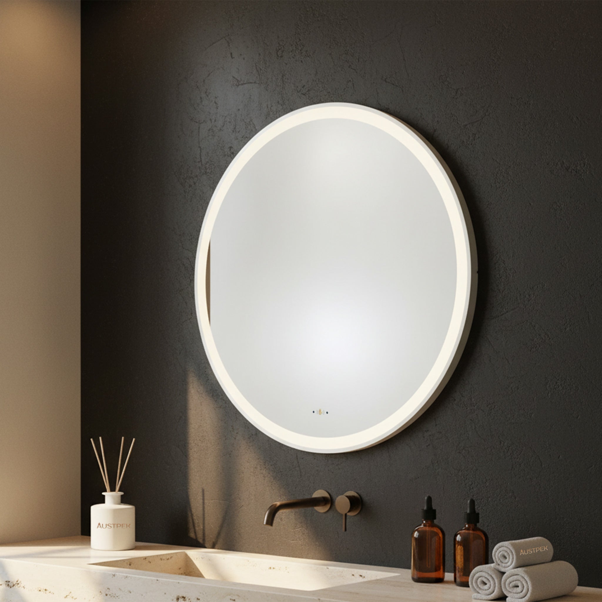 POSEIDON LUNA ROUND IRON FRAMED FRONTLIT LED MIRROR BRUSHED NICKEL 600X600MM