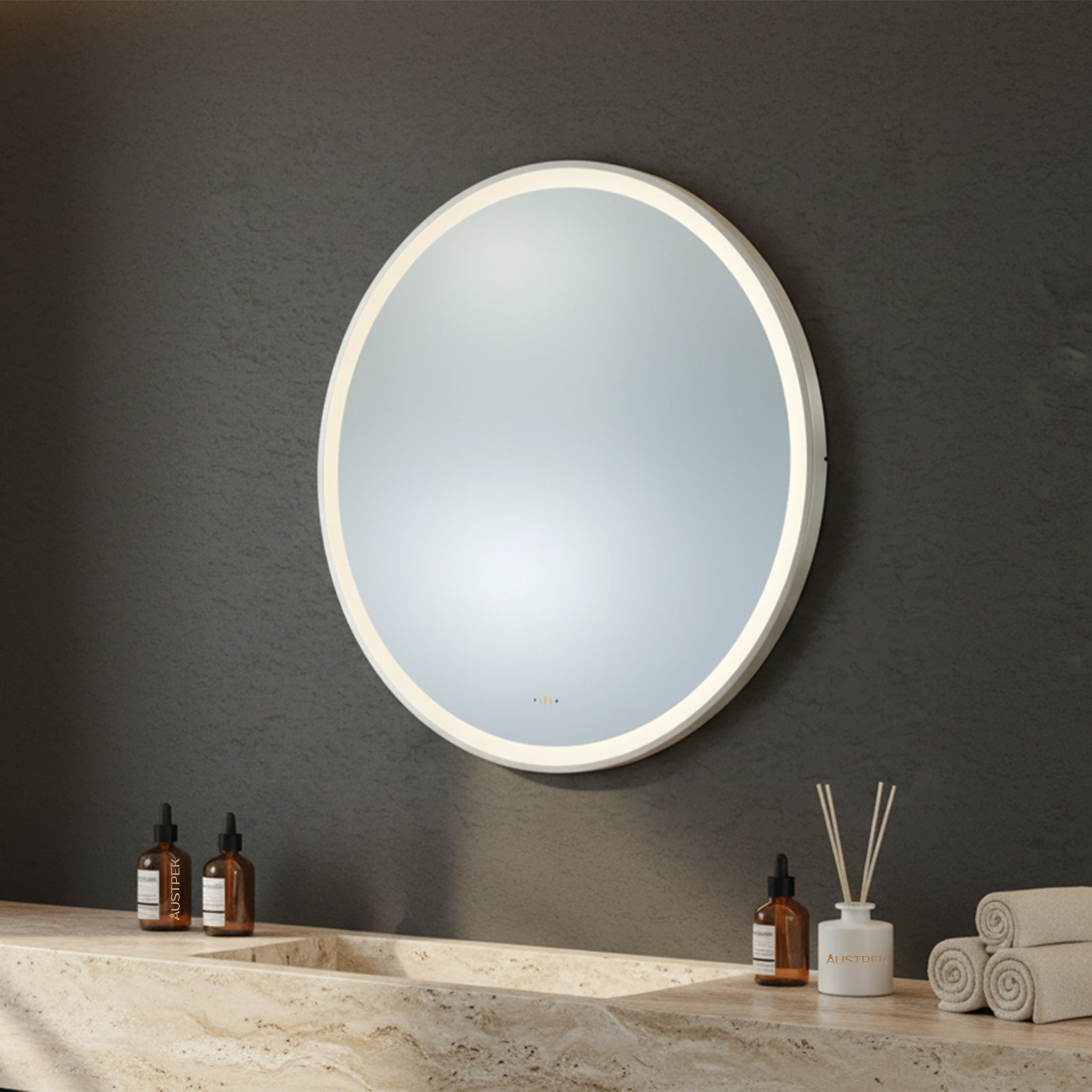 POSEIDON LUNA ROUND IRON FRAMED FRONTLIT LED MIRROR BRUSHED NICKEL 800X800MM