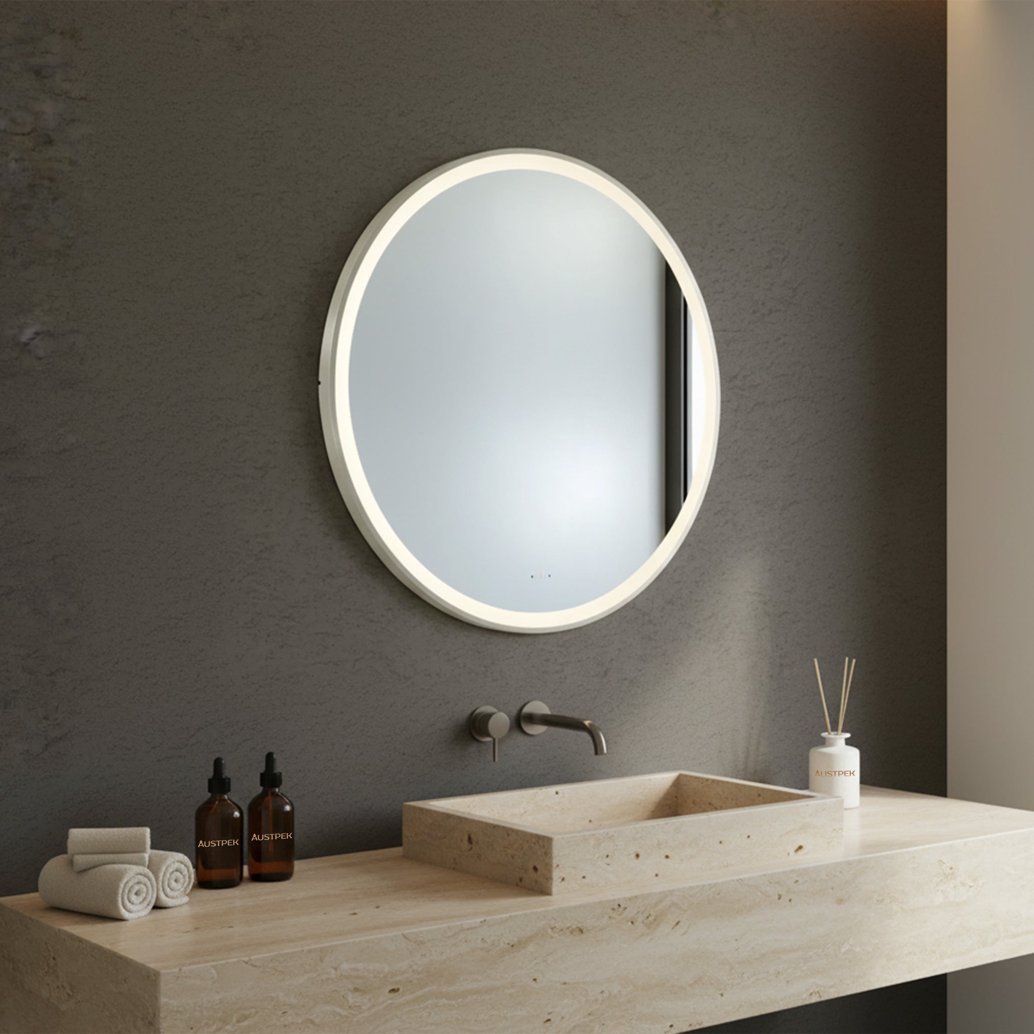 POSEIDON LUNA ROUND IRON FRAMED FRONTLIT LED MIRROR BRUSHED NICKEL 900X900MM