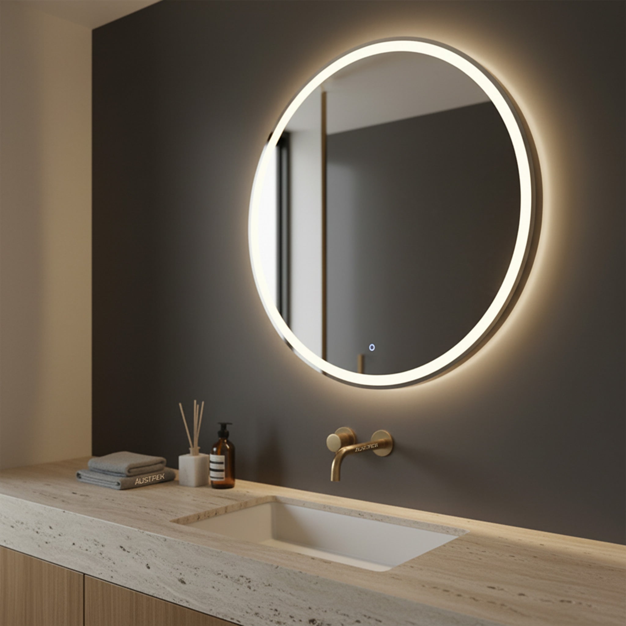 POSEIDON LUNA ROUND IRON FRAMED FRONTLIT LED MIRROR MATTE BLACK 600X600MM