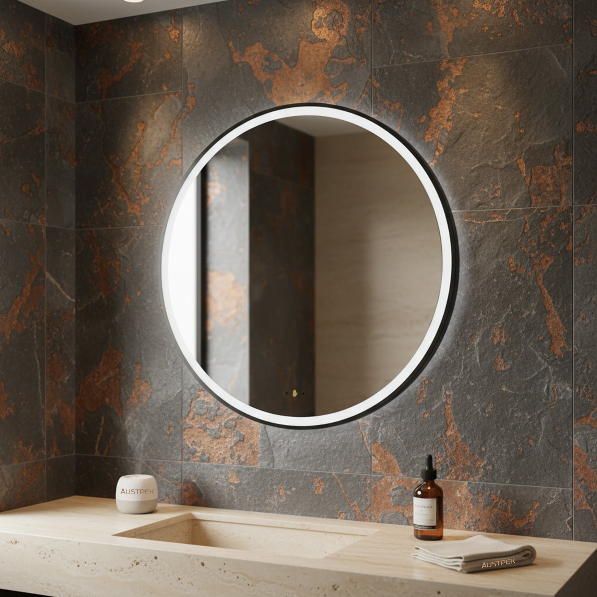 POSEIDON LUNA ROUND IRON FRAMED FRONTLIT LED MIRROR MATTE BLACK 800X800MM