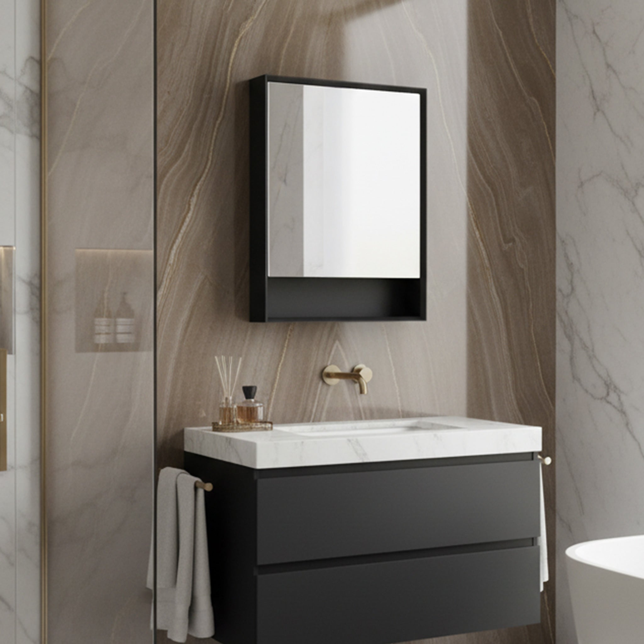 POSEIDON PETRA MATTE BLACK SHAVING CABINET 600X750MM
