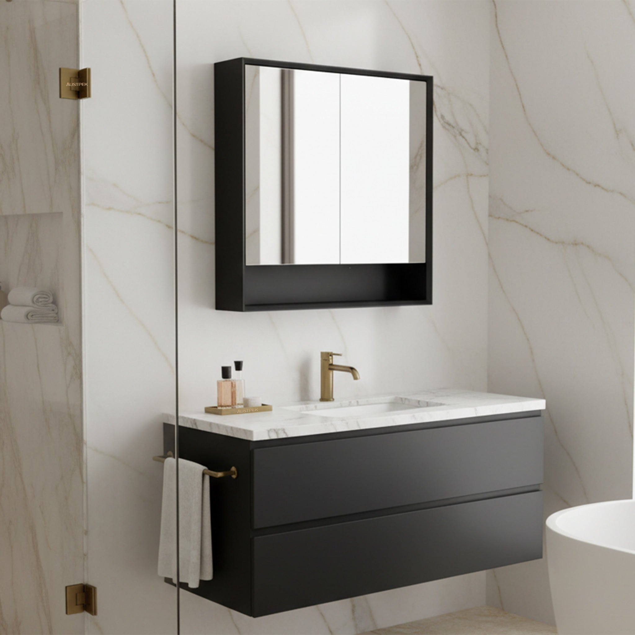 POSEIDON PETRA MATTE BLACK SHAVING CABINET 750X750MM