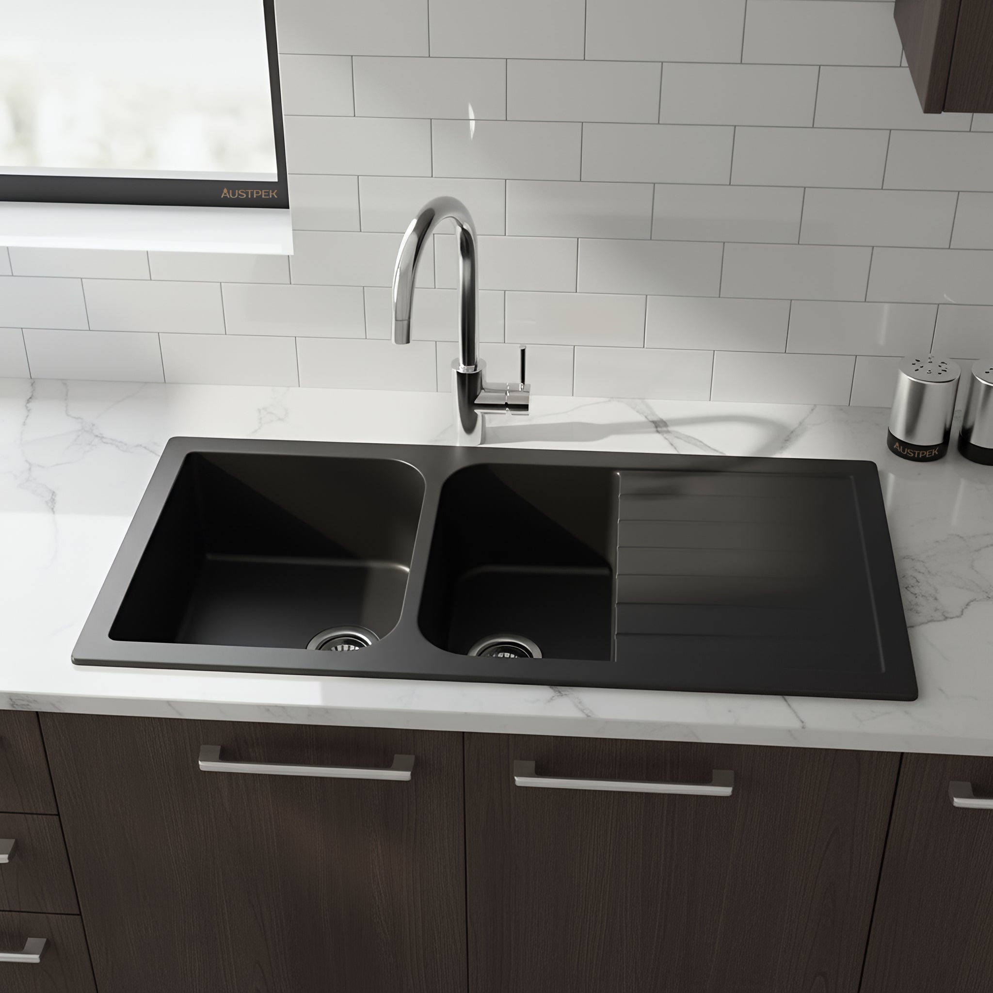 POSEIDON QUARTZ DOUBLE BOWL KITCHEN SINK MATTE BLACK 1160MM