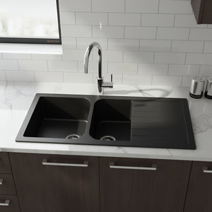 POSEIDON QUARTZ DOUBLE BOWL KITCHEN SINK MATTE BLACK 1160MM