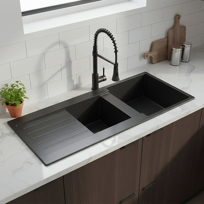 POSEIDON QUARTZ DOUBLE BOWL KITCHEN SINK MATTE BLACK 1160MM