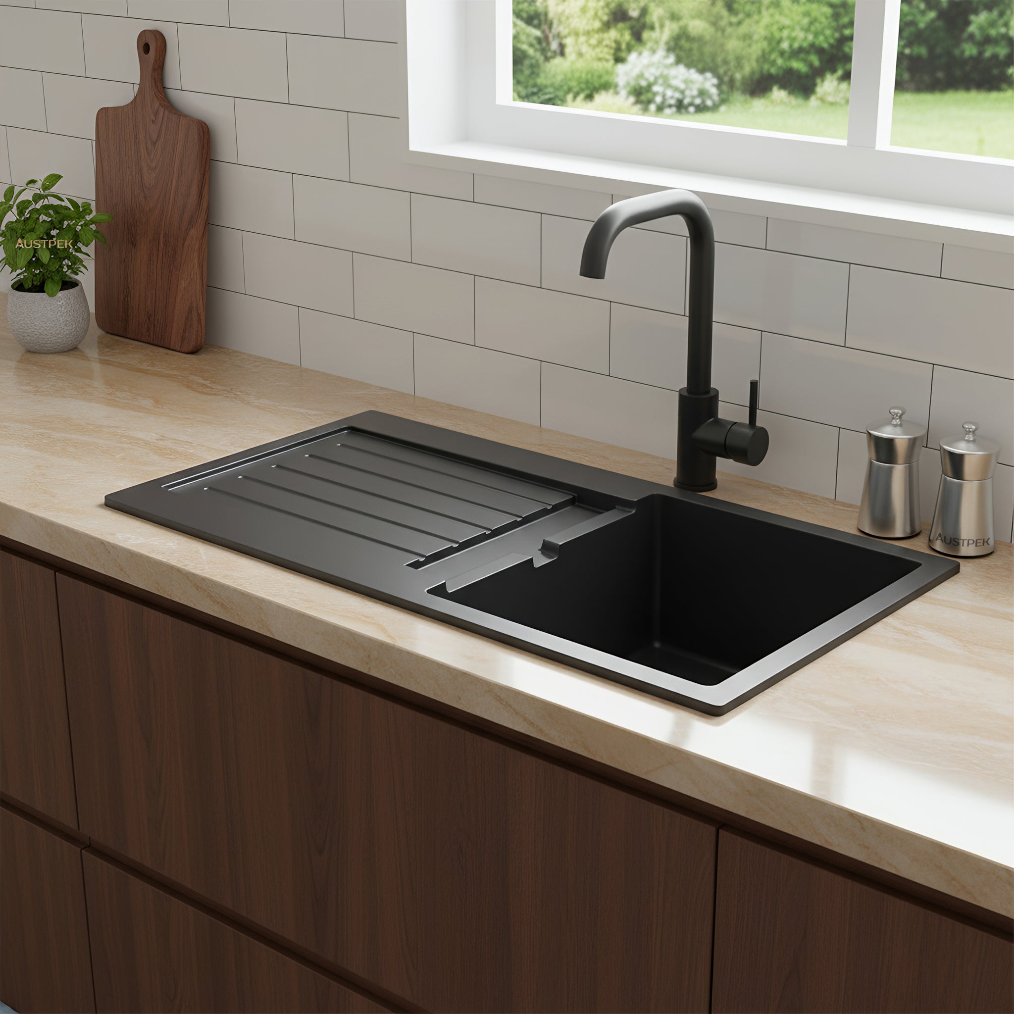 POSEIDON QUARTZ TOP MOUNT KITCHEN SINK MATTE BLACK 860MM