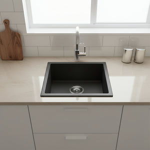 POSEIDON QUARTZ SINGLE BOWL TOP / UNDERMOUNT KITCHEN SINK MATTE BLACK 381MM