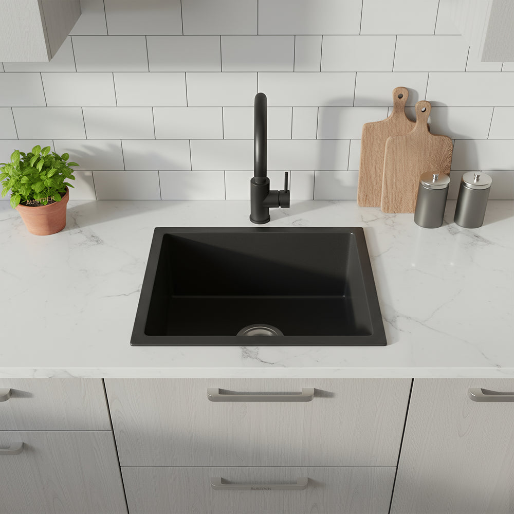 POSEIDON QUARTZ SINGLE BOWL TOP / UNDERMOUNT KITCHEN SINK MATTE BLACK 432MM