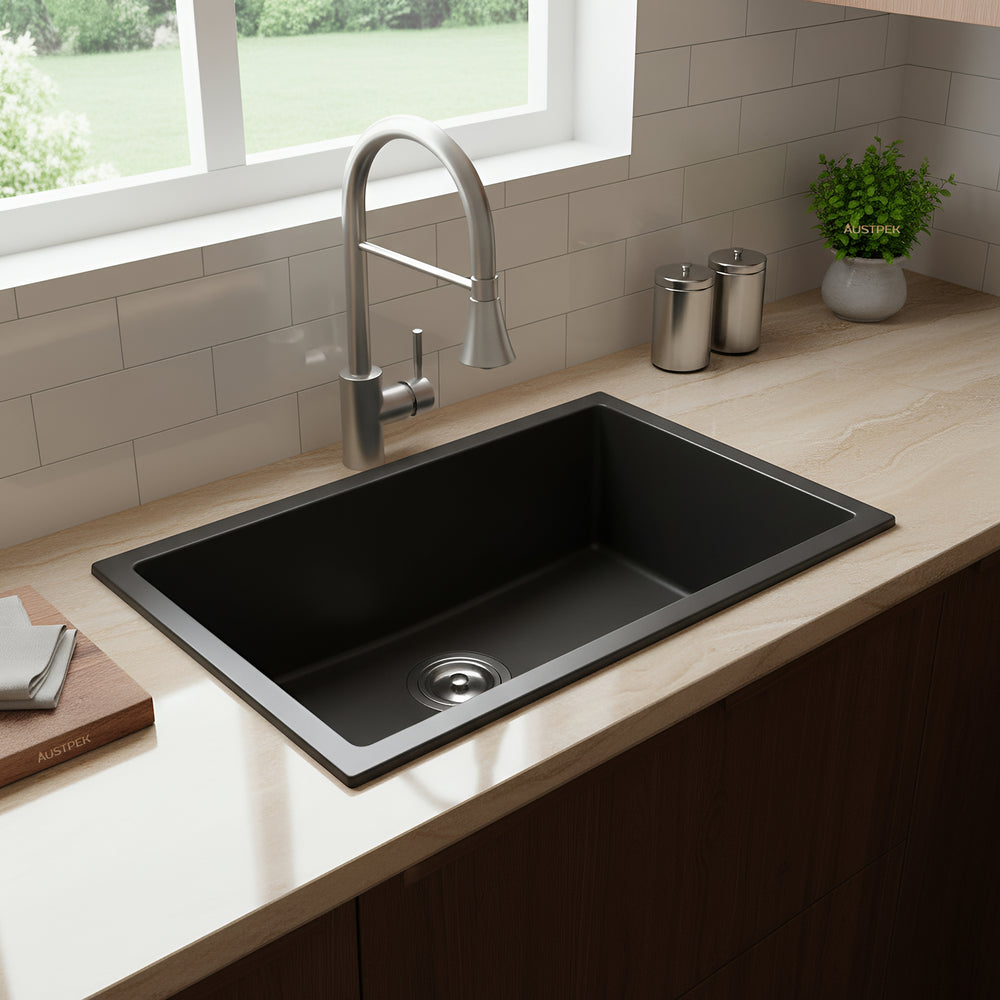 POSEIDON QUARTZ SINGLE BOWL TOP / UNDERMOUNT KITCHEN SINK MATTE BLACK 660MM