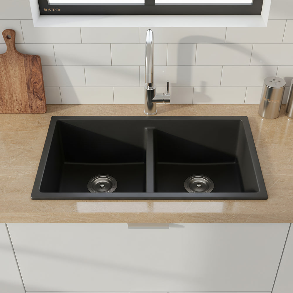 POSEIDON QUARTZ DOUBLE BOWL TOP / UNDERMOUNT KITCHEN SINK MATTE BLACK 762MM