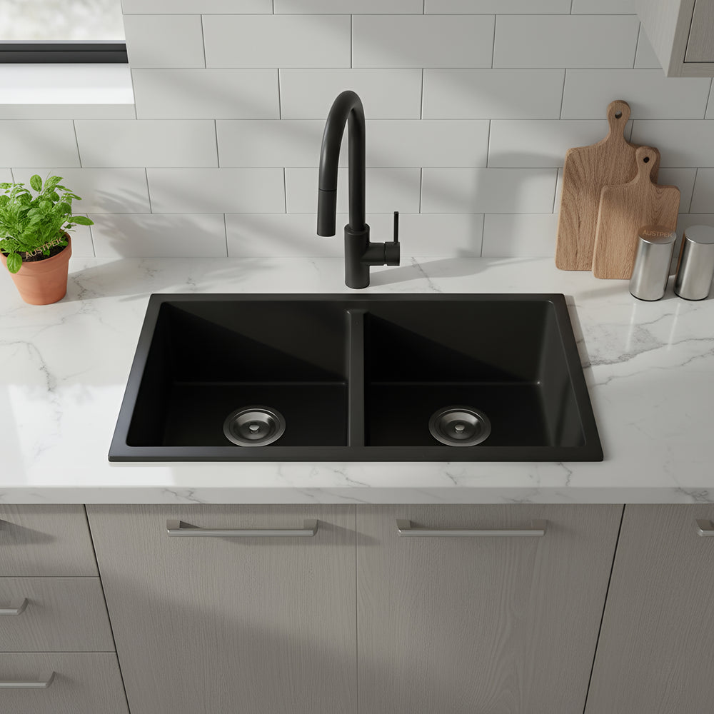POSEIDON QUARTZ DOUBLE BOWL TOP / UNDERMOUNT KITCHEN SINK MATTE BLACK 813MM