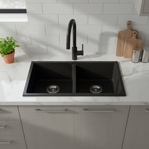 POSEIDON QUARTZ DOUBLE BOWL TOP / UNDERMOUNT KITCHEN SINK MATTE BLACK 813MM