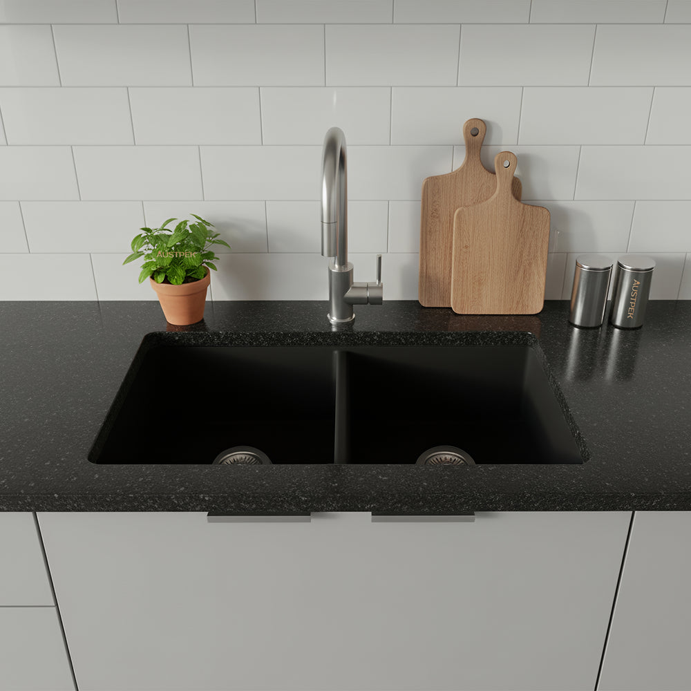 POSEIDON QUARTZ DOUBLE BOWL UNDERMOUNT KITCHEN SINK MATTE BLACK 838MM