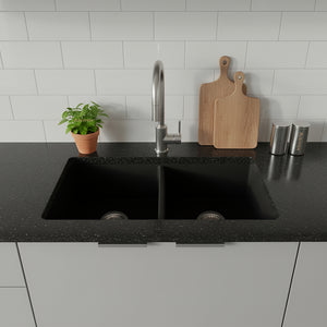 POSEIDON QUARTZ DOUBLE BOWL UNDERMOUNT KITCHEN SINK MATTE BLACK 838MM