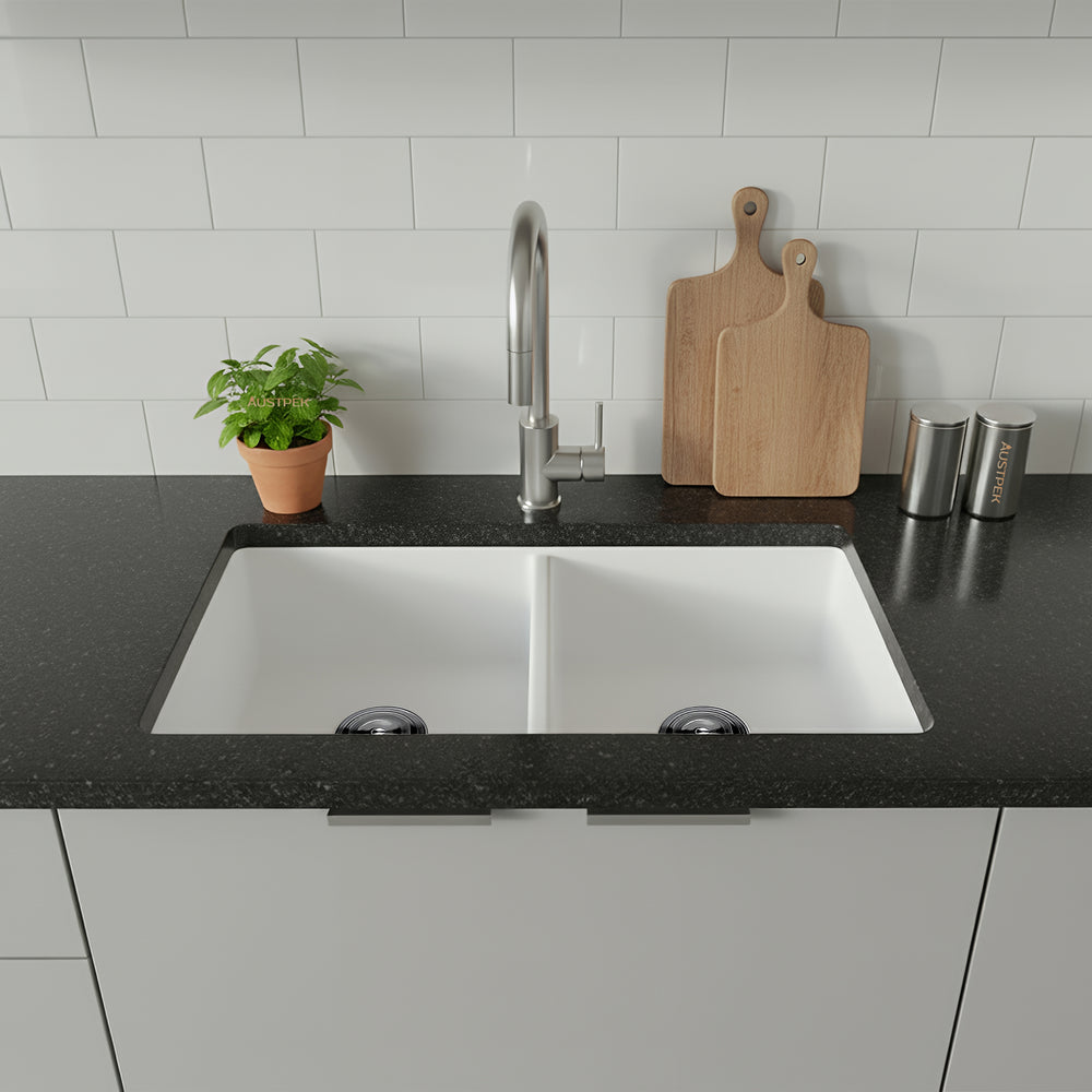 POSEIDON QUARTZ DOUBLE BOWL UNDERMOUNT KITCHEN SINK MATTE WHITE 838MM