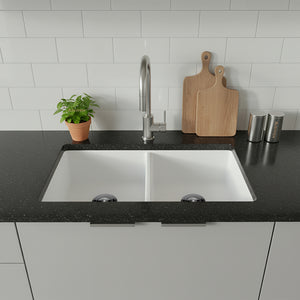 POSEIDON QUARTZ DOUBLE BOWL UNDERMOUNT KITCHEN SINK MATTE WHITE 838MM
