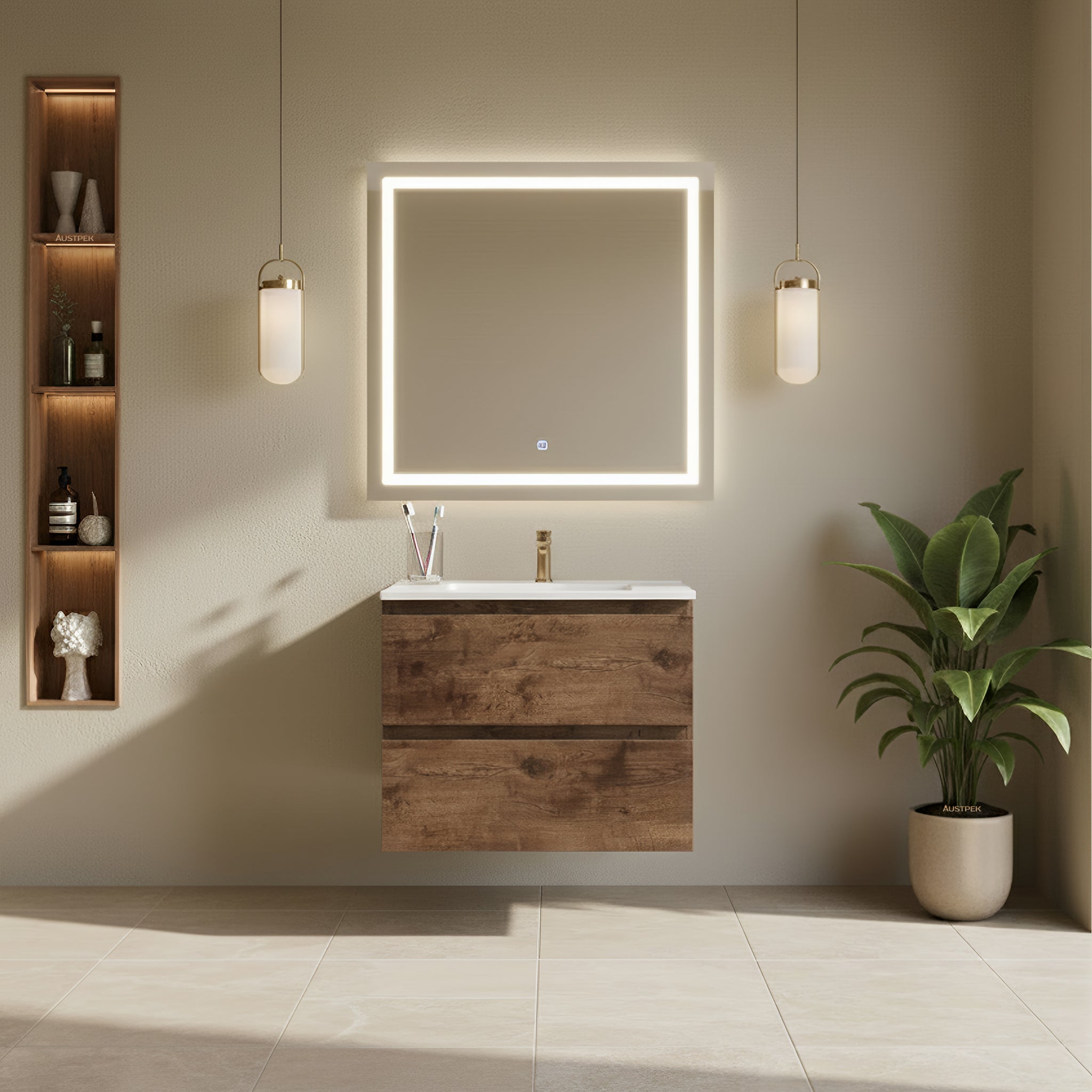 POSEIDON QUBIST DARK OAK 600MM WALL HUNG VANITY