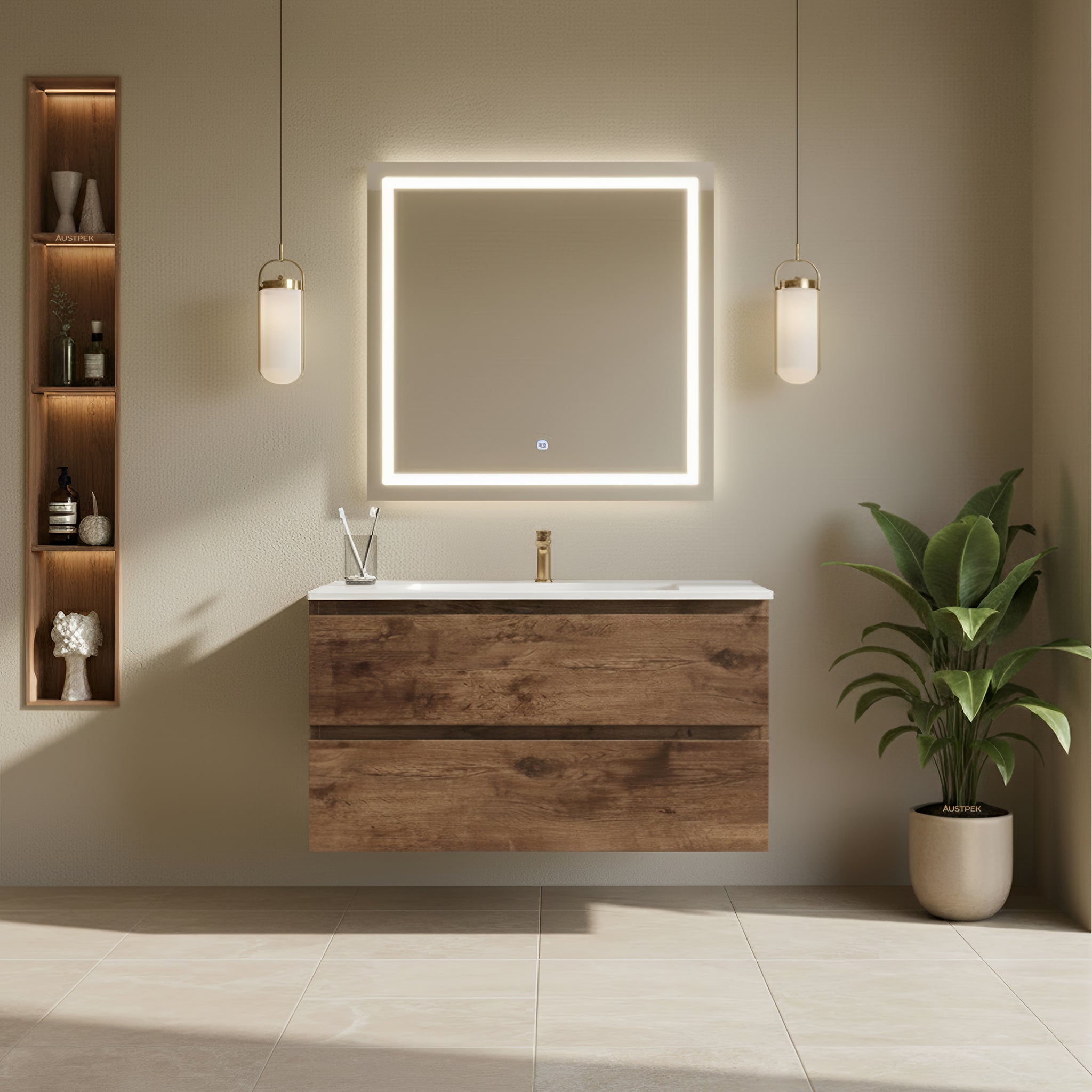 POSEIDON QUBIST DARK OAK 900MM WALL HUNG VANITY