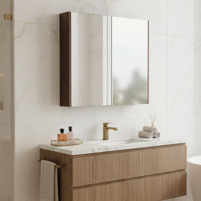 POSEIDON QUBIST DARK OAK MIRROR SHAVING CABINET 600X720MM
