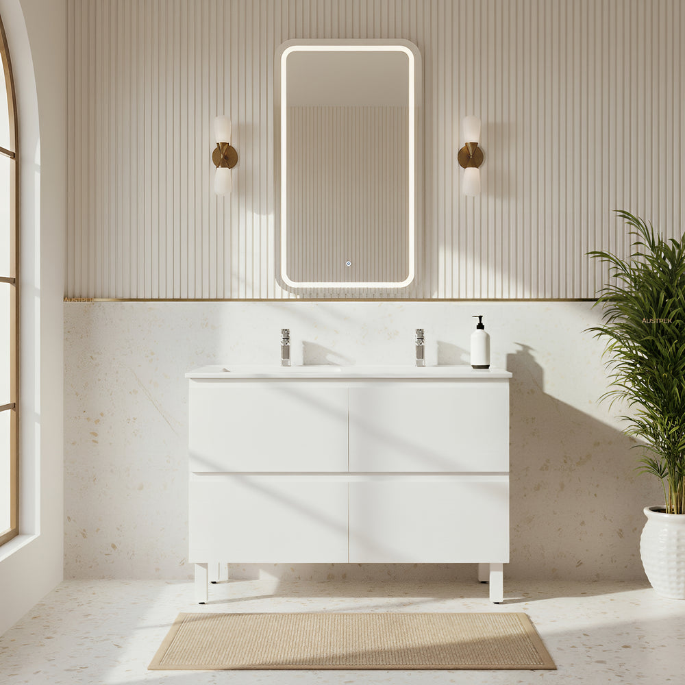 POSEIDON RIVA GLOSS WHITE 1200MM DOUBLE BOWL FLOOR STANDING VANITY