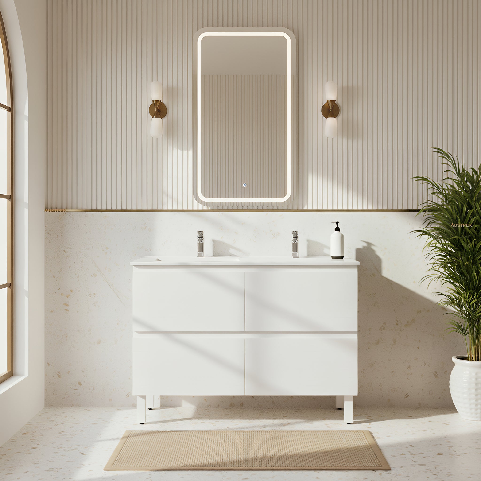 POSEIDON RIVA GLOSS WHITE 1200MM DOUBLE BOWL FLOOR STANDING VANITY