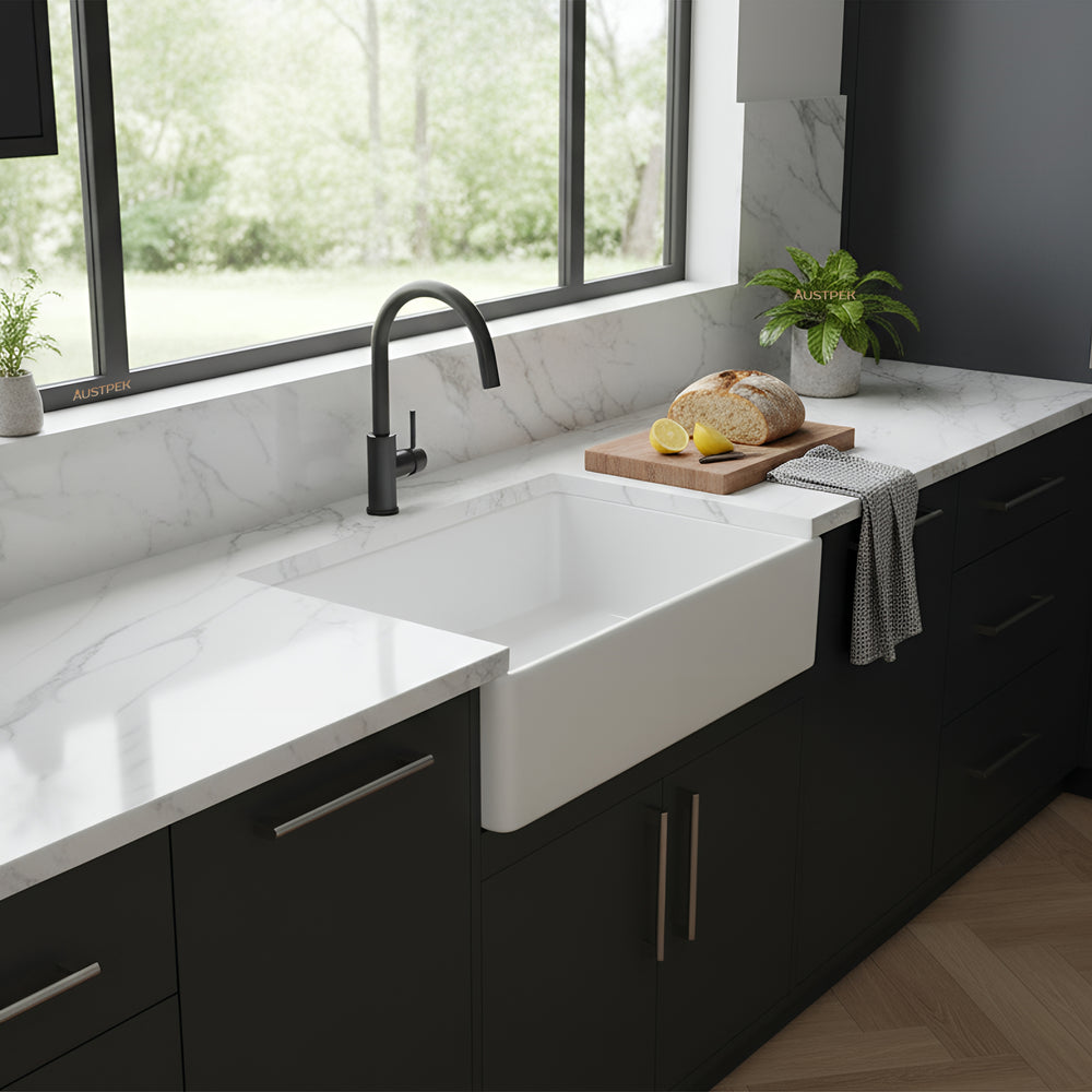 POSEIDON QUARTZ UNDERMOUNT KITCHEN SINK MATTE WHITE 838MM