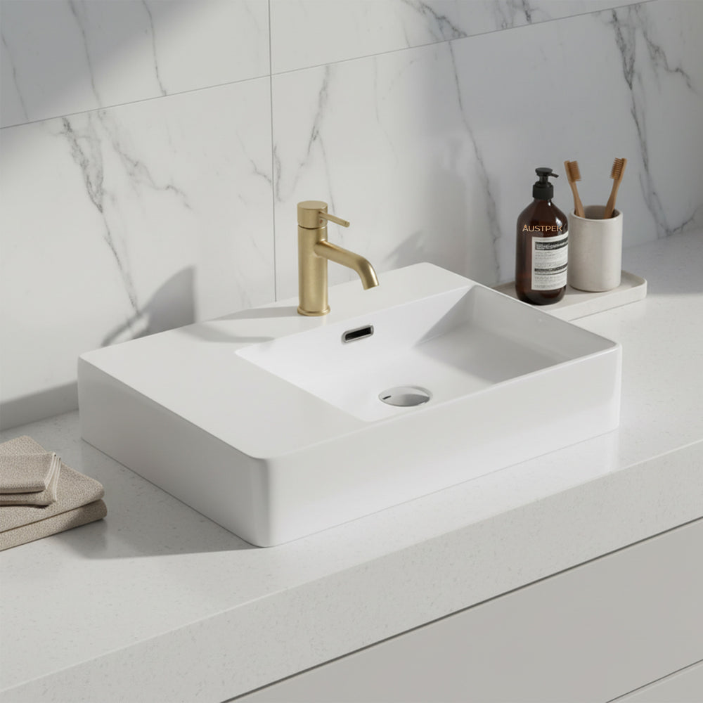 POSEIDON WALL HUNG / ABOVE COUNTER BASIN WITH RIGHT HAND BOWL GLOSS WHITE 600MM