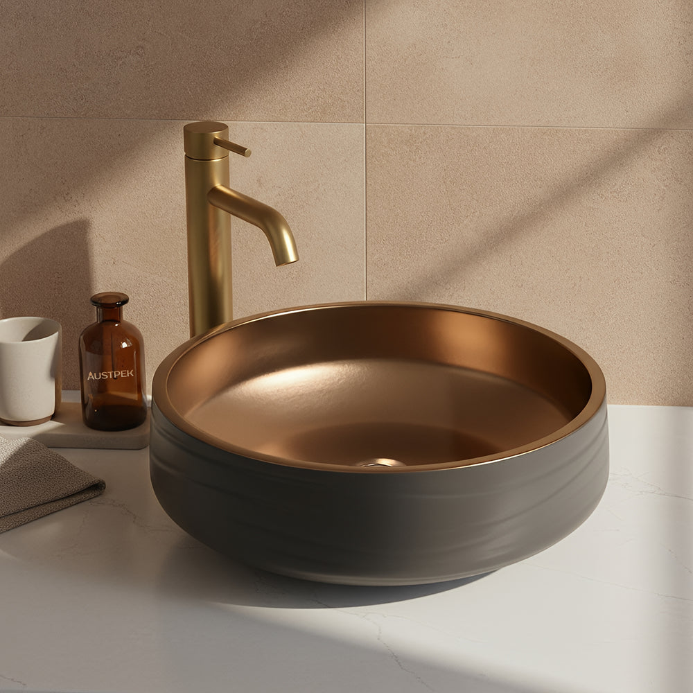POSEIDON RONDA ABOVE COUNTER BASIN MATTE BLACK AND COPPER 410MM