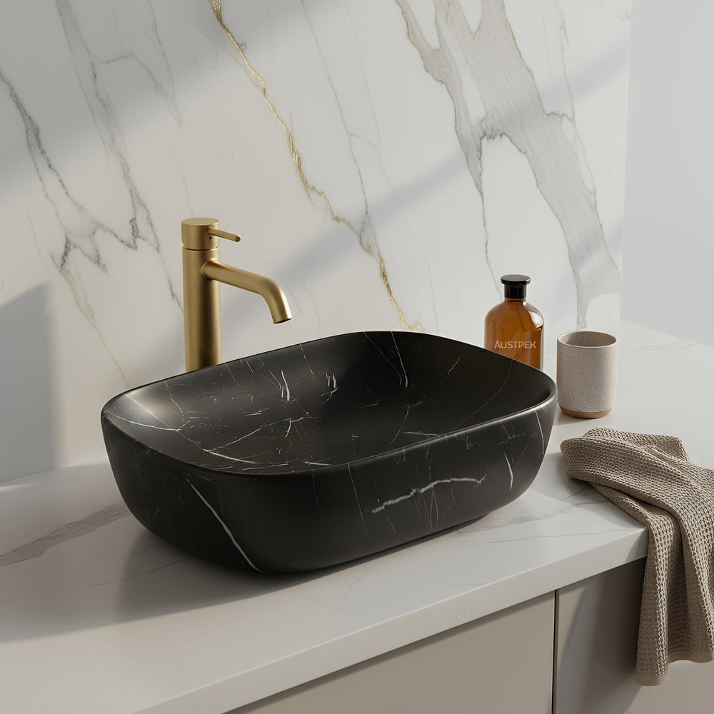 POSEIDON CARRARA MARBLE ABOVE COUNTER BASIN MATTE BLACK 465MM