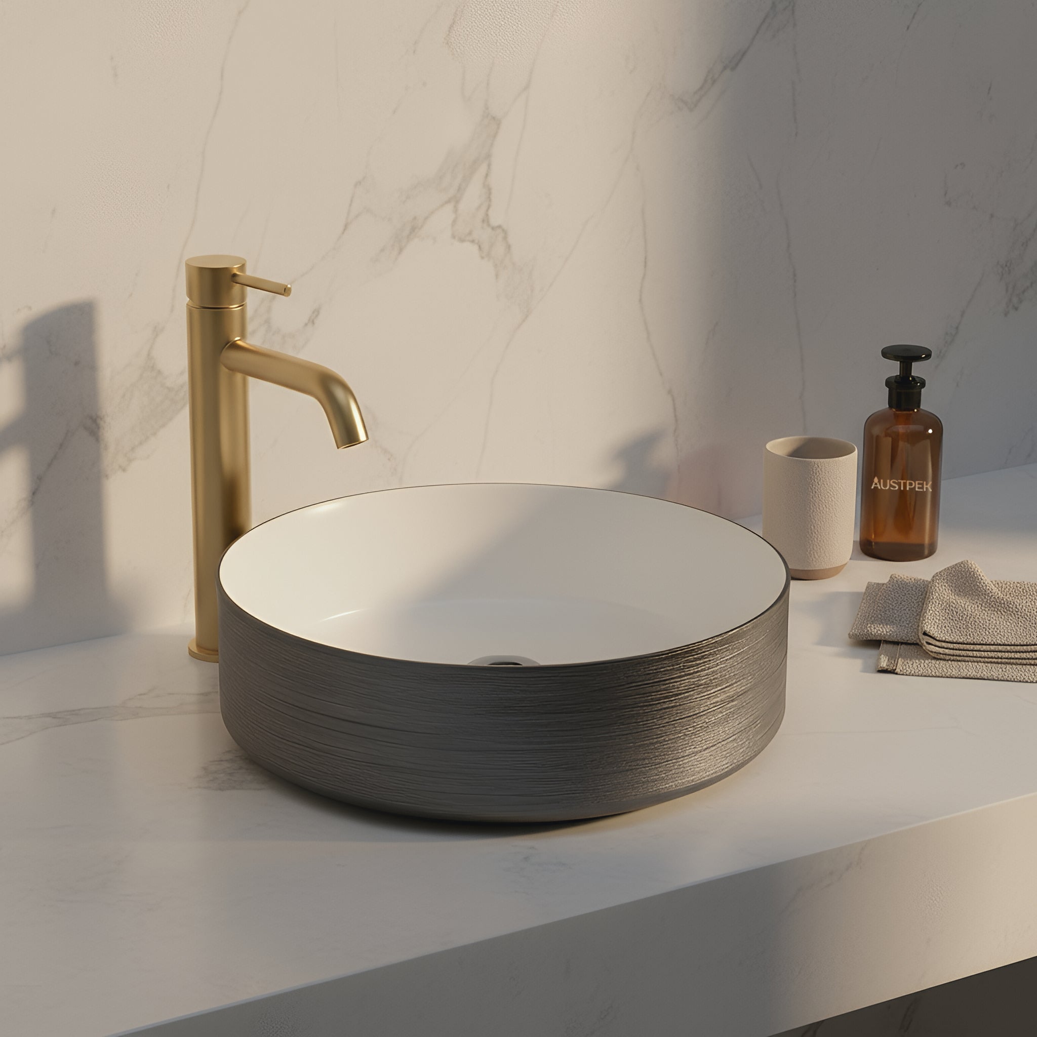 POSEIDON FINE CERAMIC BASIN GLOSS WHITE AND SILKY SILVER 355MM