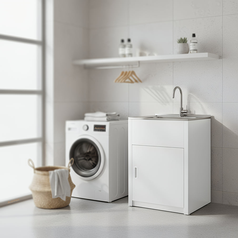 POSEIDON LAUNDRY CABINET AND STAINLESS STEEL TUB 600MM WHITE