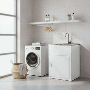 POSEIDON LAUNDRY CABINET AND STAINLESS STEEL TUB 600MM WHITE