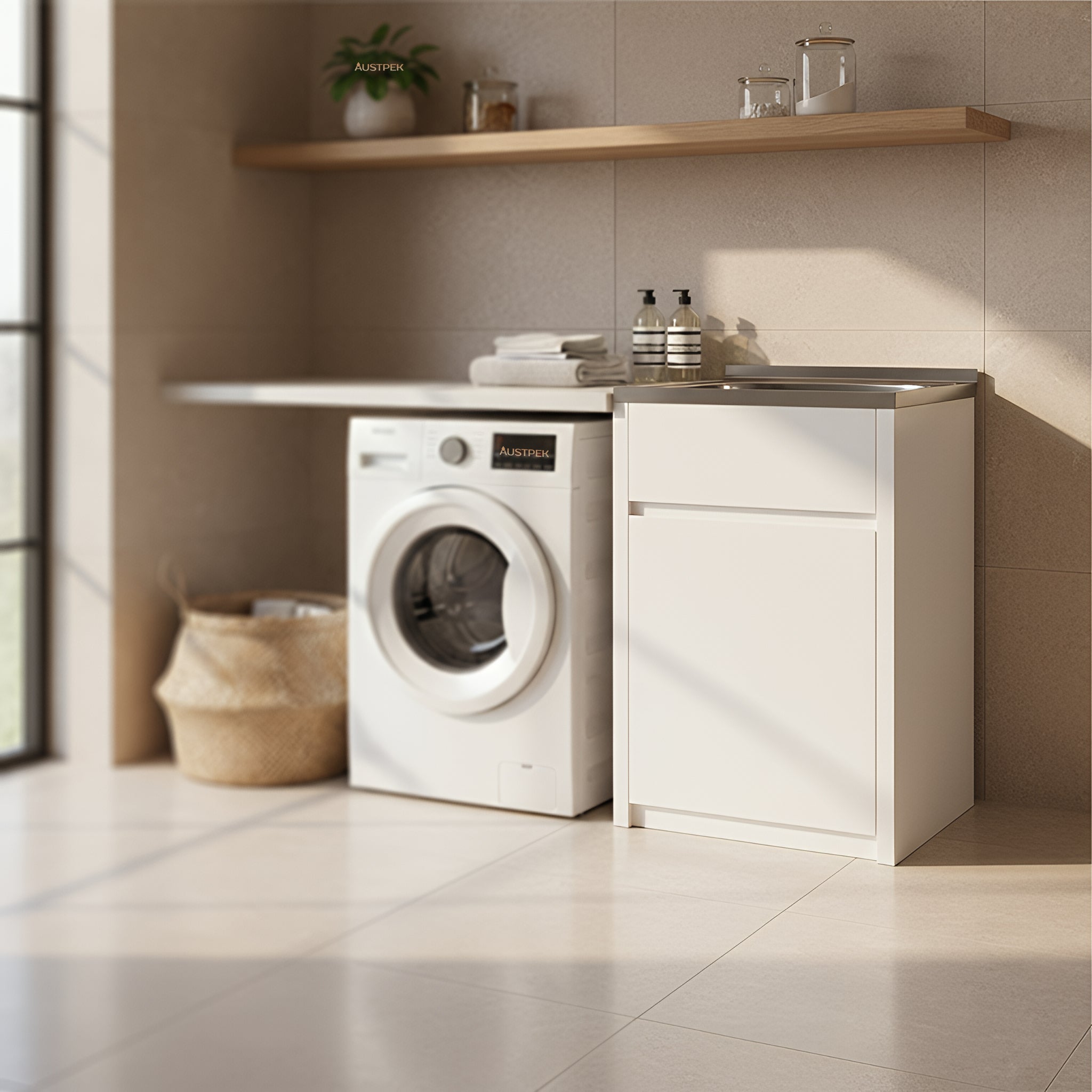 POSEIDON LAUNDRY CABINET AND TUB 600MM WHITE (LEFT HINGE)