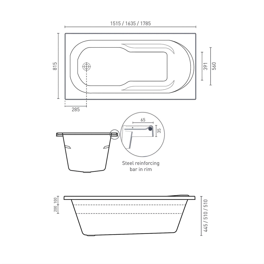 DECINA PRIMA INSET CONTOUR SPA BATH GLOSS WHITE (AVAILABLE IN 1515MM, 1635MM AND 1785MM) WITH 12-JETS